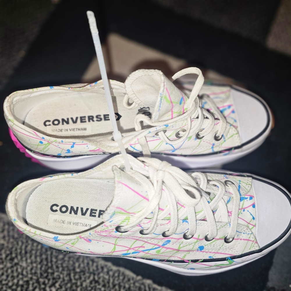 Converse Run Star Hike Low Top Women Size 9 White Paint Splatter Excellent - Picture 2 of 6